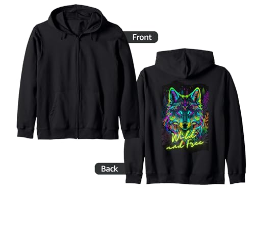 Retro 80s Vaporwave Synthwave Wolf Colorful Black Light Cool Zip Hoodie