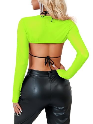 Image of Lilosy Sexy Fishnet Mesh Sheer Crop Top Long Sleeve Shrug Shirt Rave Outfits Cover Up One Piece(No Bra)