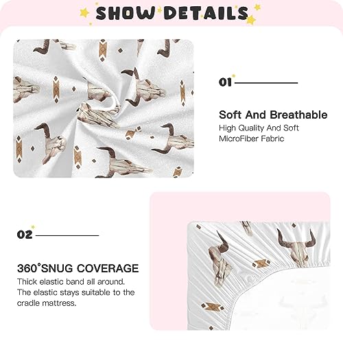 Image of Western Bull Skull Crib Sheets Soft Breathable Fitted Baby Playard Sheets Mattress Cover for Girl Boys, 39 inch x 27 inch x 5 inch