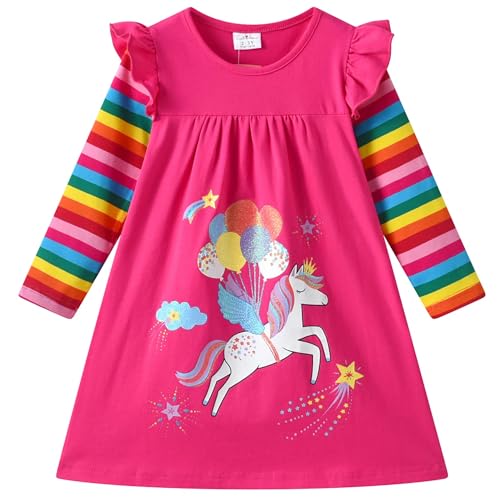 Robe à manches longues petite fille DXTON en coton à rayures arc-en-ciel