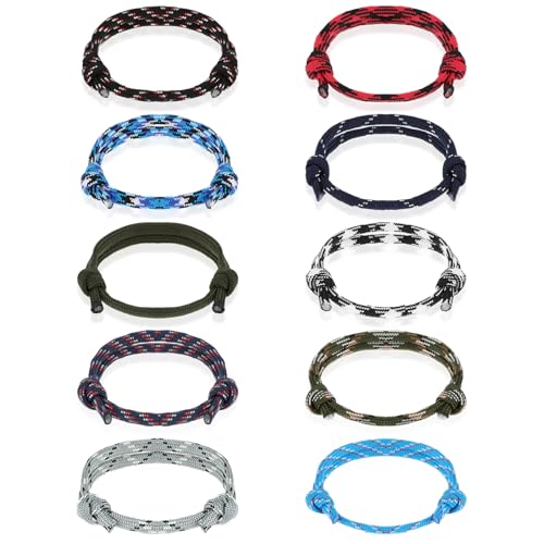 10pcs Colorful Handmade Braided Bracelets for Mens, Paracord Friendship Bracelet, Summer Beach Adjustable Size(10 Colors)