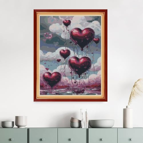 Image of MYBISYMQQ Romantic Heart Balloon Cross Stitch Kits for Adults Beginners - 11CT Stamped Love Heart Embroidery Kit, DIY Pre-Printed Needlepoint Patterns for Home Wall Art Decor, 15.7x11.8 Inches