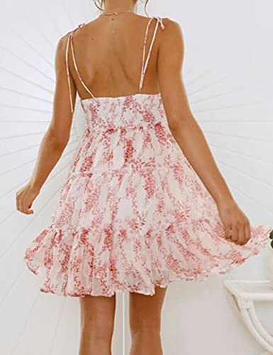 Mansy Womens 2025 Summer Floral Mini Dress Boho Flowy Skater Dresses Short Sleeveless Ruffle Spaghetti Strap Dress2