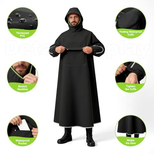 Image of PALAY High Collar Motorcycle Raincoat with Hood, Folding Hand Guard Flaps, PVC Full-Cover Riding Poncho with Front Pocket, Adult Women Raincoat for E-Bike, Scooter & Outdoor Riding