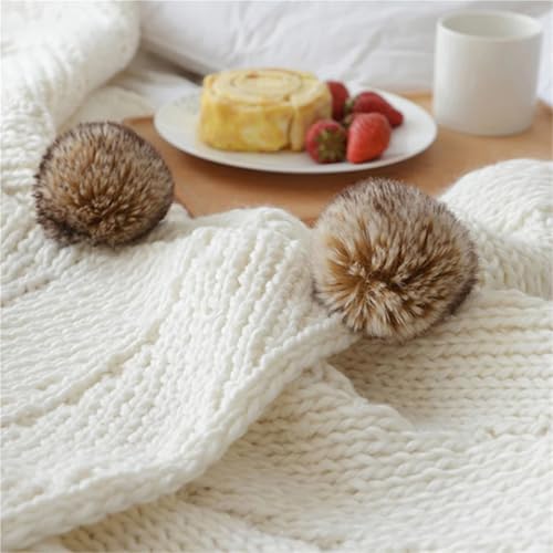 Plaid tricoté grosse maille chenille jeté de canapé chaud avec pompon - 6