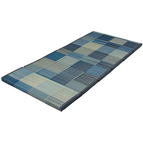 萩原 い草 6つ折りマットレス シングル ブルー 約W80×D180×H4cm 「デニムパッチ」 ウレタン入り 抗カビ