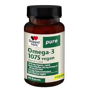 Doppelherz pure Omega-3 1075 vegan – Algenöl und Leinöl – Alpha-Linolensäure trägt zum Erhalt eines normalen Cholesterinspiegels bei – 80 Kapseln