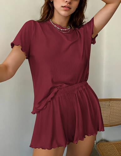 Image of Ekouaer Womens Pajamas 2 Piece Ribbed Knit Pjs Short Sleeve Sleepwear Set Summer Soft Pajamas Set Casual Lounge Sets