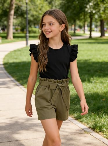 Image of Girls 2 Piece Outfits Summer Ruffle Sleeve Top and High Waisted Striped Shorts Set, Cute Casual Clothes for Girls 7-14 Black Green 9-10 Years