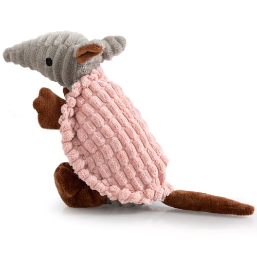 Image of Hollypet Plush Dog Squeaky Toy Stuffed Armadillo Animal Pet Puppy Chew Toys with Clean Teeth for Small Medium Large All Breed Sizes Dogs, Light Pink, 8 in