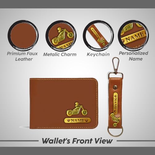 Image of Personalized Wallet, Keychain and Passport Combo | Personalized Wallet Keychain Passport Set with Name Printed Keychains Passports for Men | Customised Gift Set for Men with Name & Charm, Tan