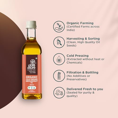 Image of Pure & Sure Organic Cold Pressed Groundnut Oil 2Ltr | Peanut Oil /Sing Tel Edible for Cooking | Extracted on Wooden Churner | Nutrient Rich & Chemical Free| 500ml(Pack of 4)