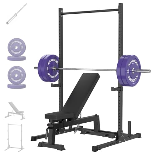Image of HANDBODE Squat Rack, 7ft Barbell, Weight Bench, Weight Plates Set 180 lb, Home Gym Equipment, Silver