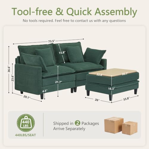 Image of 73.5 inch L-Shaped Cloud Sofa, Modular Sectional Couch with Ottoman Coffee Table, Corduroy Deep Seat Loveseat with Pillow, Comfy Modern Couch for Living Room Bedroom Apartment, Green