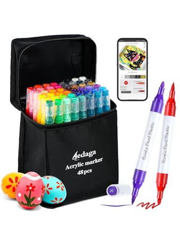 ‌48 Farben Nummerierte Acrylstifte Set mit App, Acrylic Marker mit Doppelspitze (Feine und Pinsel), Acrylstifte für Steine Wasserfest, Acrylmarker für Erwachsene, Eier, Holz, Stein, Leinwand
