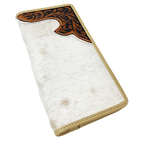 Urbalabs Western Cowboy Leather Long Wallets for Men Cowhair Checkbook Tooled Wallet Tri Cross Bifold Long Cowboys Billfold Hand Stitched Rodeo RFID Blocking Mens Long Wallet Rodeo Style Cowboy Up (Brown)