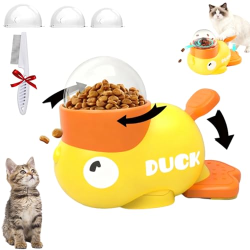 Cat Treat Toy Duckie Puzzle Cat Feeder Duck Treat Dispenser for Cats Cat Treat Dispenser Slow Feeder Interactive Puzzle Toy for Small Medium Pets with Brush