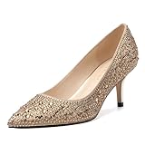 JUSTVINDO Women's Pumps, Pointed Closed Toe Gold Kitten Heels for Women, Comfortable 2 Inch Mid Heel Women's Dress Shoes with Rhinestone