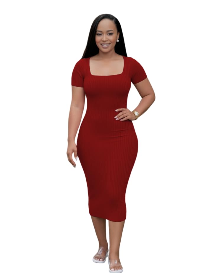 Image of TOPSRANI Women Sexy Midi Dress Bodycon Casual Sleeveless Basic Ruched Tank Summer Club Party Dresses