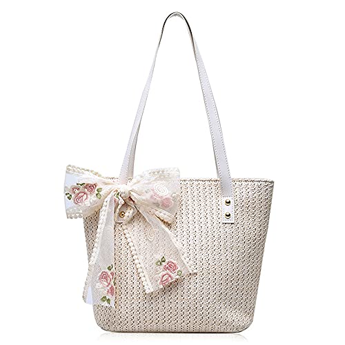 Women Large Straw Beach Tote Bag Summer Hand-woven Bags Shoulder Bag Leather Handle Beach Handbags with Cute Lace Bow Small (White)