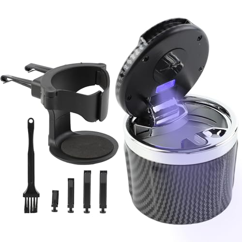 Geoyien Cendrier Voiture, Cendrier Voiture Anti Odeur, Résistant aux Odeurs, avec Support et Brosse de Nettoyage, Lumière LED Automatique, Batterie Remplaçable,...