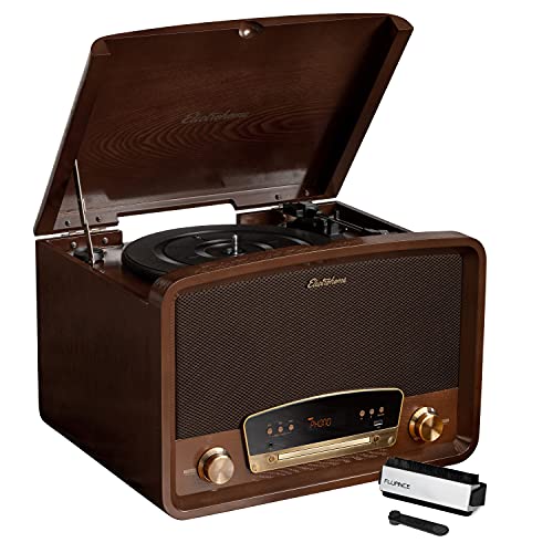Electrohome Kingston 7-in-1 Vintage Vinyl Record Player - 3-Speed Turntable Bluetooth AM/FM Radio CD Aux in RCA/Headphone Out Vinyl/CD to MP3 Recording & USB Playback with Vinyl Record Cleaning Kit
