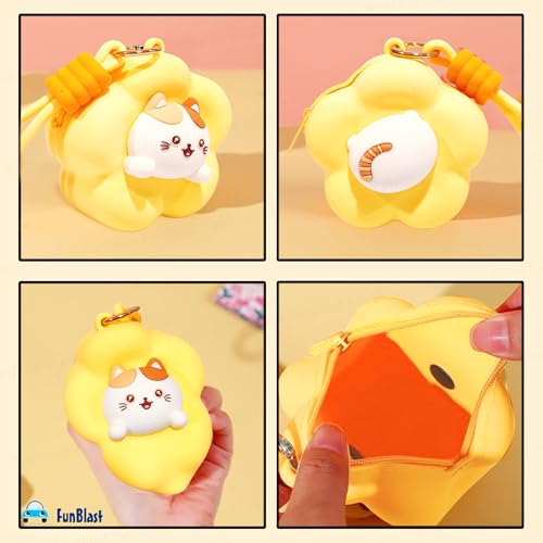 Image of FunBlast Soft Silicone Coin Pouch - Cute Animal Design Mini Purse with Strap, Multipurpose Silicone Pouch, Small Zipper Wallet for Kids & Girls, Kawaii Coin Bag - 9 X 9 X 6.5 cm (Yellow)