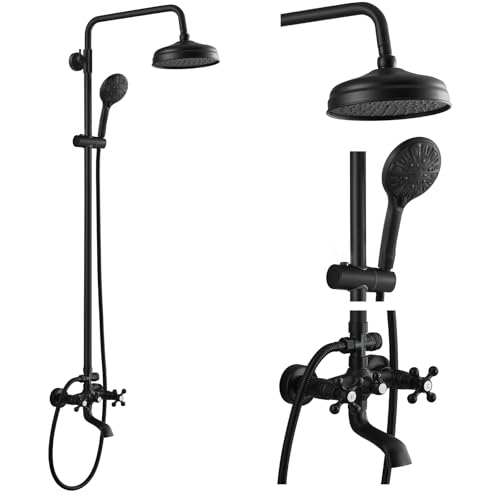 gotonovo Bathroom Shower Faucet Rain Mixer 8 Inch Round Shower Head Double Cross Handle with Tub Spout Wall Mount Bathroom Shower Fixtures 3 Function ABS Handheld Sprayer Matte Black
