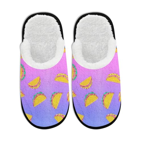 Fuzzy Travel Slippers for Women Men Indoor Outdoor Funny Taco Print Bedroom Fluffy Slipper Fleece-Lined Fall Winter Warm Cozy Soft Plush House Shoes Holiday Gifts
