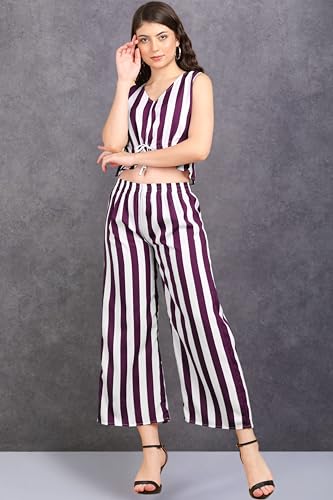 Image of POPWINGS Casual Stripe Printed Crop Top and Trouser Co-Ords Set for Women || Top and Bottom Set for Women || Women Top and Trousers Set | Women Trendy Co Ords Set || Two Piece Set for Women