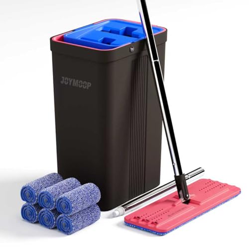 Image of JOYMOOP Mop and Bucket with Wringer Set, Hands Free Flat Floor Mop and Bucket, with 6 Washable Microfiber Pads, Wet and Dry Use, Floor Cleaning System - Black+Red+Slate Blue