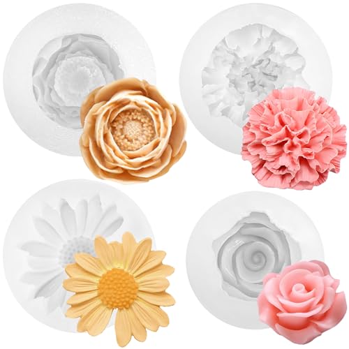 TZEKING 4 stampi per candela a forma di rose, in silicone, per peonie, in silicone 3D, fatti a mano