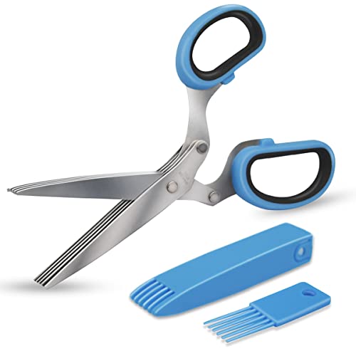 5 Blade Herb Scissors Kitchen Herbs Shears Cutter Set Multipurpose Cutting Shear with 5 Stainless Steel Blades & Safety Cover & Cleaning Comb Salad Sizzors Cilantro Chive Parsley Scissors (Blue Black)