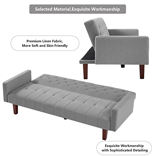 Mikibama Tufted Linen Futon Sofa Couch Bed For Living Room Convertible Fabric Upholstered Sleeper Futon Sofa Guest Bed Twin Size With Solid Wood Legs For Apartment Small Spaces (Grey) #TOP5