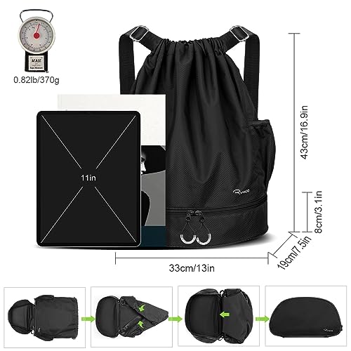 Ryaco Drawstring Sports Bag Backpack Large Size Water Resistant Bag with Zipper Pockets and Water Bottle for Gym, Yoga School and Swimming Beach