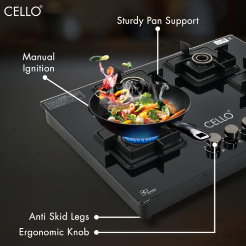 Image of Cello Classic Plus 4 Burner Gas Stove | Glass Hob Top Cooktop with Brass Burners | 8mm Toughened Glass | ISI Certified | Manual Ignition | Flame Guard Pan Supports | Premium Black