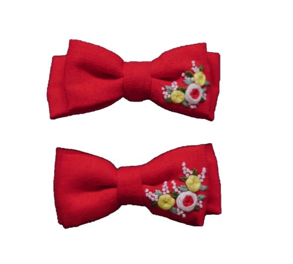 ETASet of 2 Handmade Embroidery Hair Bows, Vintage Embroidered Flower Clips, Gift for Daughter, Teenager, Unique Accessory, Red, HC13