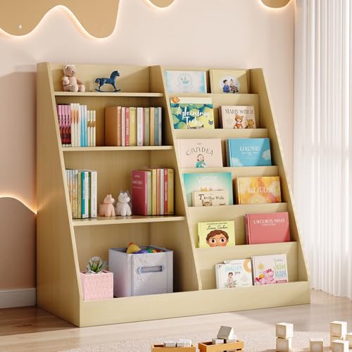 Image of Tatub 6 Tier Kids Wooden Bookshelf and Toy Storage, Children Toy Organizer with Upgraded Book Shelves, Toddler BookRack Baby Bookcase for Nursery, Playroom and Classroom, Natural Wood