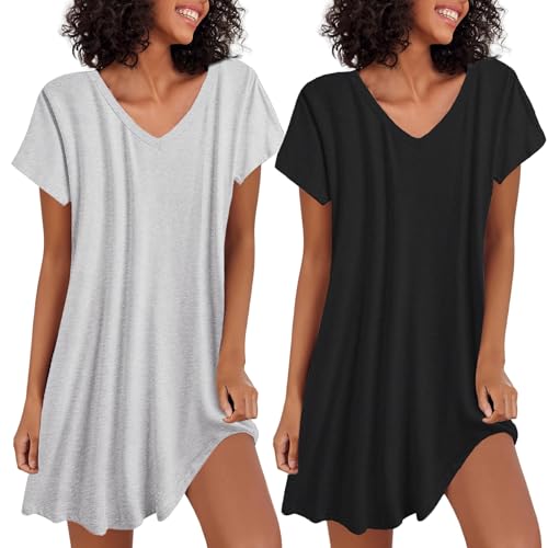 Ekouaer 2er Nachthemd Damen Kurzarm Sleepshirt V-Ausschnitt Nachtkleid Zweiteiliger Nachtkleid Große Nachtwäsche, Schwarz+Hellgrau, M