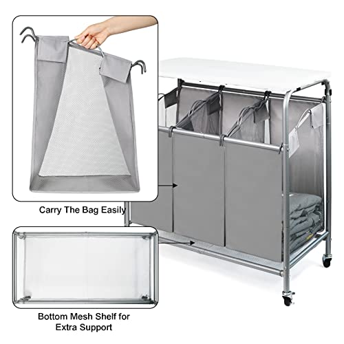 3 Bags Laundry Sorter Cart, Heavy Duty Rolling Laundry Hamper Sorter with Ironing Board(Grey)