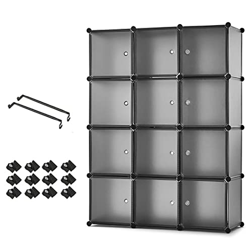 Meerveil Armoire Penderie Portable, Étagère de Rangement, Cubes de Stockage Modulaire en Plastique en métal Stable, Jouets (Translucent Gris, 12 Cubes)
