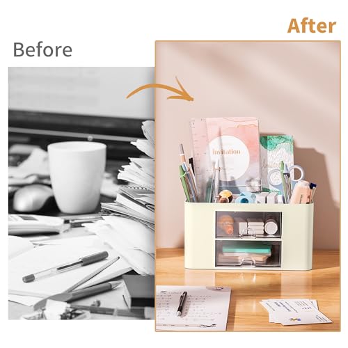 Image of Marbrasse Pen Organizer with 2 Drawer, Multi-Functional Pencil Holder for Desk, Desk Organizers and Accessories with 5 Compartments + Drawer for Office Art Supplies (Beige)