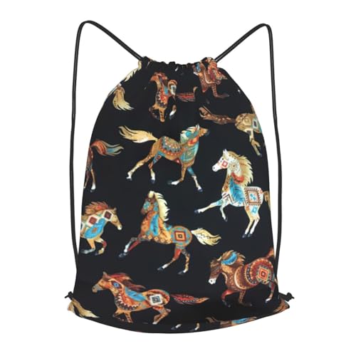 TTIGLHOH Mochila de poliéster con cordón de caballo, color marrón, para gimnasio, viajes, Negro, S