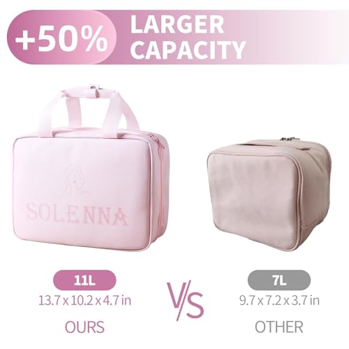 Solenna Pink Travel Toiletry Bag for Women Girls, Large Waterproof Leather Makeup Cosmetic Bag with 2 Removable Clear Bags, Portable Hanging Make Up Bag Bathroom Shower Toiletries Travel Organizer