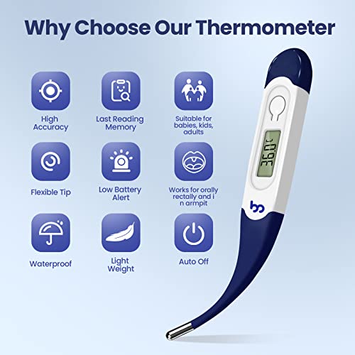 Femometer Digital Thermometer, Oral Thermometer for Adults and Kids with Flexible Tip, Accurate Readings, Oral Rectal Underarm Use, C°/F° Switchable (Blue)