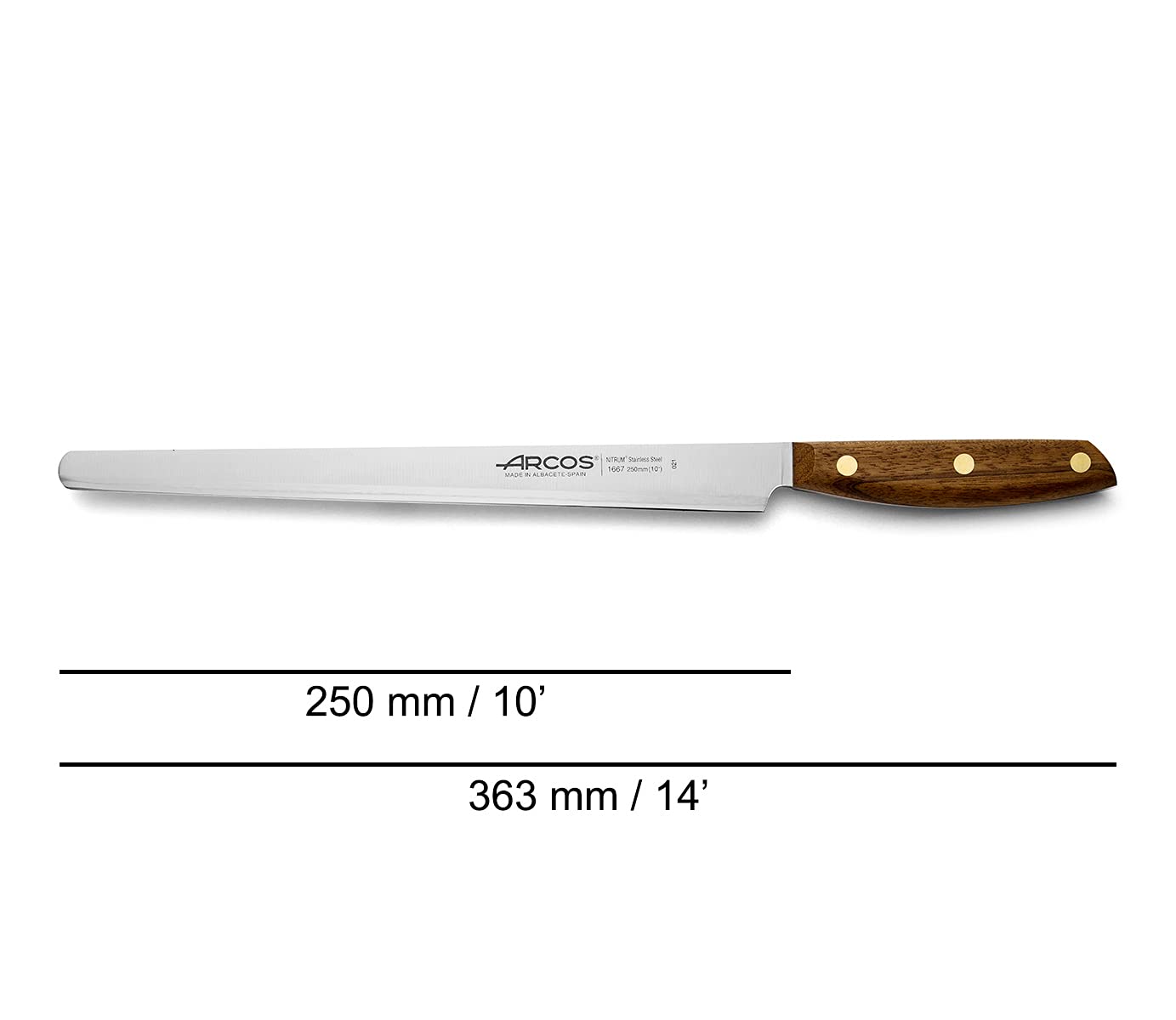 Arcos Coltello da Taglio per Prosciutto in Acciaio Inossidabile – Coltello da Cucina Professionale per Cucinare, Manico in Legno Ovengkol 100% Naturale FSC e Lama da 250 mm – Serie Nordika