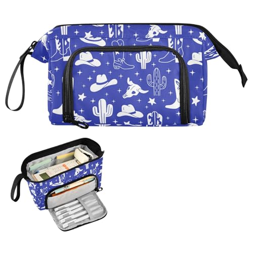 Image of Western Cowboy Blue Pencil Case Pouch Big Capacity Pencil Bag Box Organizer Pen Case with Handle Pencil Cases for Girls Boys Women Kids Adults School