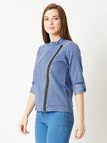 Image of Miss Chase Women's Polo Neck Full Sleeves Patch Pocket Denim Overcoat Knee-Length Jacket