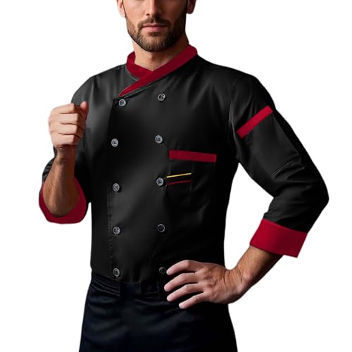 EQWIGKEIT Chaqueta de cocinero para hombre de manga larga con cuello alto, ropa de cocina, camisa de cocina ligera, resistente a las arrugas, fácil de cuidar, conserva la forma, chaqueta de trabajo