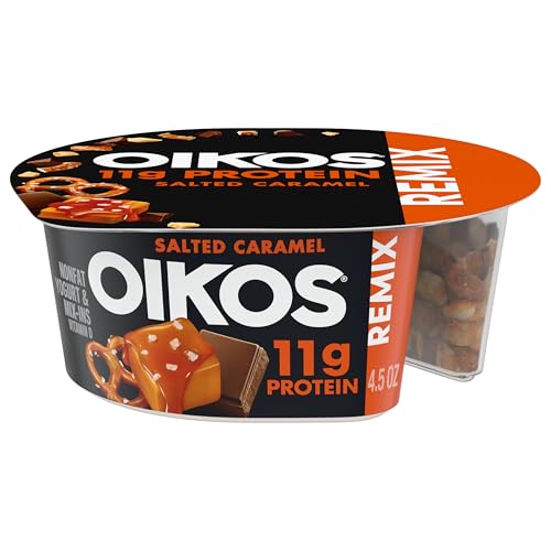 Oikos REMIX Salted Caramel Nonfat Greek Yogurt with Sea Salt Praline Pretzels, Dark Chocolate and Butter Toffee Mix-Ins, Delicious High Protein Yogurt Snack with 11g of Protein, 4.5 OZ Cup